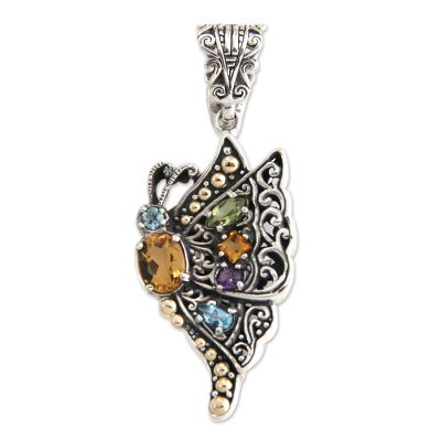 Gold-accented multi-gemstone pendant, Monarch Butterfly Queen