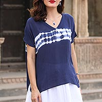 Tie-dyed viscose blouse, 'Eternal Indigo' - Tie-Dyed Viscose Blouse in Indigo from India