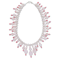 Pearl and rose quartz pendant necklace, 'Rose Fantasy' - Pearl and Rose Quartz Pendant Necklace