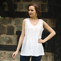 Cotton blouse, 'Floral Flirt' - Sleeveless Floral White Blouse Hand Embroidered in India