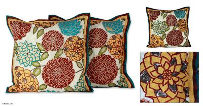 Applique cushion covers, Indian Marigolds (pair)