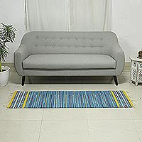 Cotton rug, 'Sky Over Kutch' - Indian Handwoven Blue and Yellow Striped Dhurrie Rug