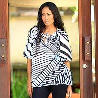 Cotton batik blouse, 'Island Life' - Batik Cotton Patterned Blouse in Black and White