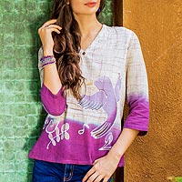 Cotton batik tunic, 'Purple Songbird' - Handcrafted Batik on Cotton Tunic Thailand