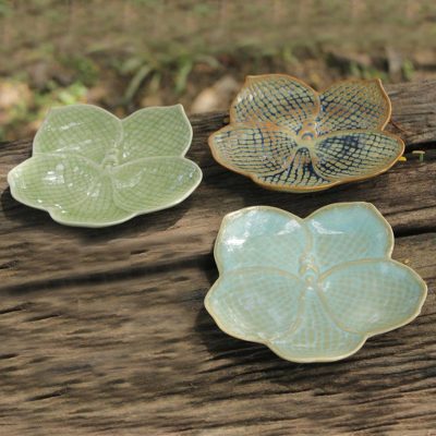 Celadon ceramic plates, Orchid Trio (set of 3)