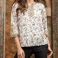 Cotton tunic, 'Floral Garden' - White Cotton Tunic with Floral Block Print and Beading