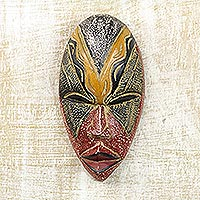 African wood mask, 'Stunning Amahle' - Colorful Sese Wood and Brass African Mask from Ghana