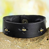 Men's leather wristband bracelet, 'Hide and Seek in Black' - Men's Unique Leather Wristband Bracelet