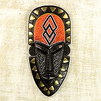 African wood mask, 'Beaded Warrior' - Hand Crafted African Wood Mask with Beads and Brass Accents