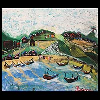 'Village of Fishermen' - Landscape Naif Painting