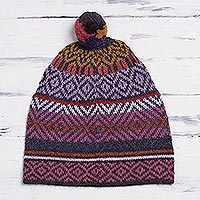 100% alpaca hat, 'Andean Pride' - Multicolored Alpaca Cap with Pompom from Peru