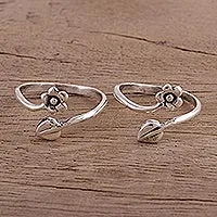 Sterling silver toe rings, 'Flower and Leaf' (pair) - Unique Toe Rings with Flower Wrap Design (Pair)