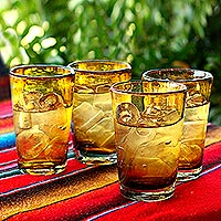 Drinking glasses, 'Amber Angles' (set of 4) - Unique Handblown Recycled Glass Water Drinkware (Set of 4)