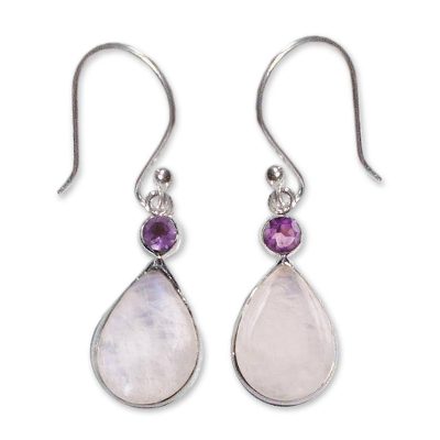 Rainbow moonstone and amethyst dangle earrings, Alwar Palace
