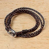 Leather wrap bracelet, 'Braided Friendship in Sable' - Sable Braided Leather Cord Bracelet from Thailand