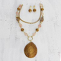 Golden grass and rose quartz flower jewelry set, 'Jalapão Romance' - Fair Trade Natural Golden Grass and Rose Quartz Jewelry Set