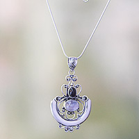 Rainbow moonstone and garnet pendant necklace, 'Arabesque' - Indonesian Sterling Silver and Rainbow Moonstone Necklace