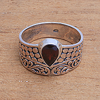 Garnet cocktail ring, 'Temple Stones' - Circle Motif Garnet Cocktail Ring from Bali