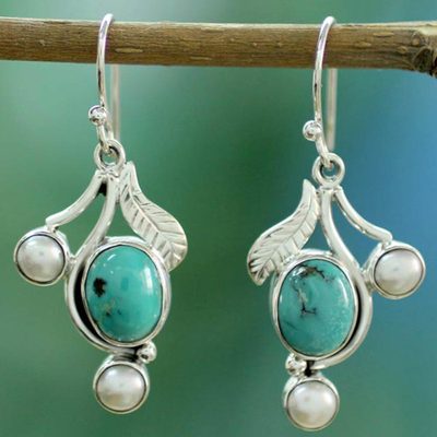 Cultured pearl and turquoise dangle earrings, Blue Blossom
