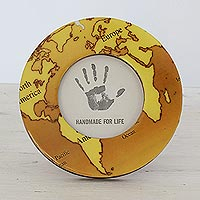 Wood photo frame, 'Brown Map' (4 inch) - Round Laminated Wood Photo Frame of a Brown Map (4 Inch)