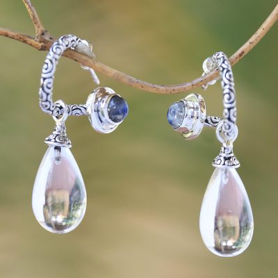 Quartz and rainbow moonstone dangle earrings, Temple Hoops