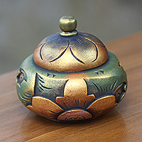Decorative wood box, 'Denpasar Treasure' - Decorative Round Carved Wood Trinket Box from Bali
