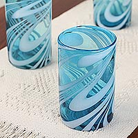 Blown glass water glasses, 'Whirling Aquamarine' (set of 5) - 5 Mexican Hand Blown 15 oz Water Glasses in Aqua and White