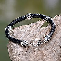Men's leather braided bracelet, 'Warrior's Fortune' - Men's Leather and Sterling Silver Bracelet