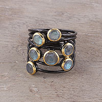 Gold accented labradorite cocktail ring, 'Dewy Morn' - Gold Accent Labradorite Multi-Stone Cocktail Ring from India