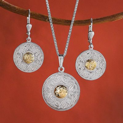 Gold accented sterling silver dangle earrings, 'Celtic Chalice' - Celtic Chalice Earrings
