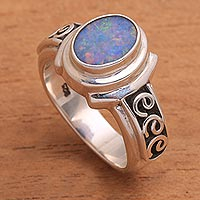 Opal doublet cocktail ring, 'Opal Sky' - Opal Doublet Sterling Silver with Swirl Motifs Ring