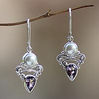 Pearl and amethyst dangle earrings, 'Guardian Moon' - Amethyst and Pearl Dangle Earrings