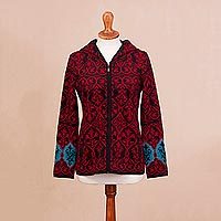 100% alpaca hooded cardigan, 'Regal Cherry' - Cherry and Black Knit 100% Alpaca Hooded Cardigan from Peru