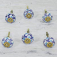 Ceramic cabinet knobs, 'Blue Floral Vines' (set of 6) - Six Blue and White Floral Ceramic Cabinet Knobs