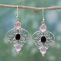 Garnet and chalcedony dangle earrings, 'Glistening Jaipur' - Sterling Silver Garnet Chalcedony Dangle Earrings from India
