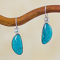 Cultured pearl and turquoise dangle earrings, 'Blue Sky Dreams' - Natural Turquoise and Pearl Mexican Earrings