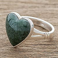 Jade cocktail ring, 'Love Dream' - Heart-Shaped Dark Green Jade Cocktail Ring from Guatemala