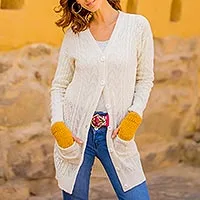 Baby alpaca blend cardigan, 'Comfortable Charm' - Cable Knit Baby Alpaca Blend Cardigan in Ivory from Peru
