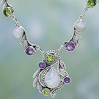 Multi-gemstone pendant necklace, 'Luminous Beauty' - Sterling Silver and Multigem Pendant Necklace from India