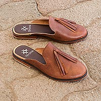 Leather slides, 'Tierra Amor' - Artisan Crafted Leather Slides from Guatemala