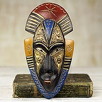 African wood mask, 'Opeyemi' - Hand Crafted Ghanaian Sese Wood Wall Mask with Brass Accents