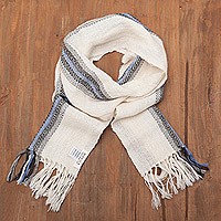 100% alpaca scarf, 'Elegant Accent' - Handwoven 100% Baby Alpaca Wrap Scarf in Alabaster from Peru