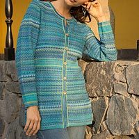 100% Alpaca knit cardigan, 'Texture Trove' - Striped Blue 100% Alpaca Knit Cardigan