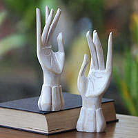 Wood jewelry holder, 'Fairy Hands' (pair) - White Ring Holder Hands Hand Carved of Wood (Pair)