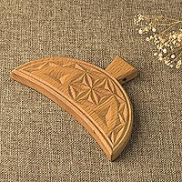 Decorative wood wall accent, 'Crescent Daghdaghan' - Unique Armenian Wood Amulet