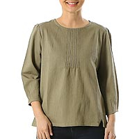 Cotton blouse, 'Sage Garden' - Sage Green Pintuck Pullover Cotton Blouse with Button