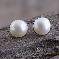 Cultured pearl stud earrings, 'White Light' - Fair Trade Silver and Cultured Pearl Stud Earrings