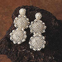 Silver dangle earrings, 'Wild Rose Duet' - Silver Wire Rosette Dangle Earrings