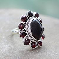 Garnet cocktail ring, 'Scarlet Petals' - Floral Jewelry Sterling Silver and Garnet Ring