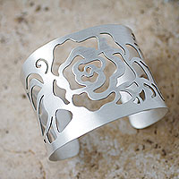 Silver flower cuff bracelet, 'Rose' - Hand Made Wide Silver Cuff Bracelet with Flower Cutout